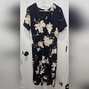 Floral Dress. Tappered ruffle front. SHEIN. Navy Blue. Size L. Runs a bit small.